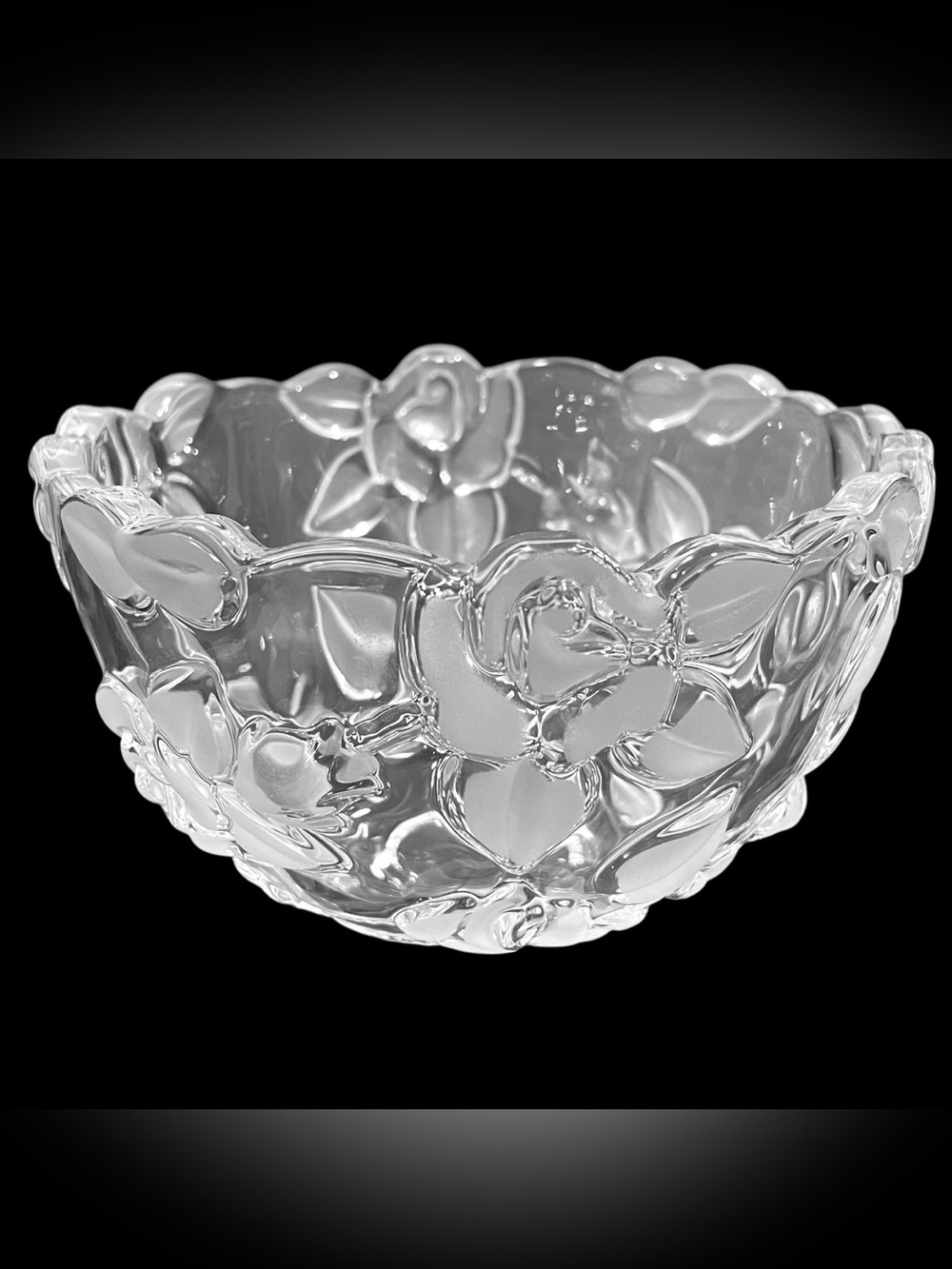 Vintage 1990s Mikasa Germany Bella Rosa Glass Bowl Frosted Raised Roses & Leaves